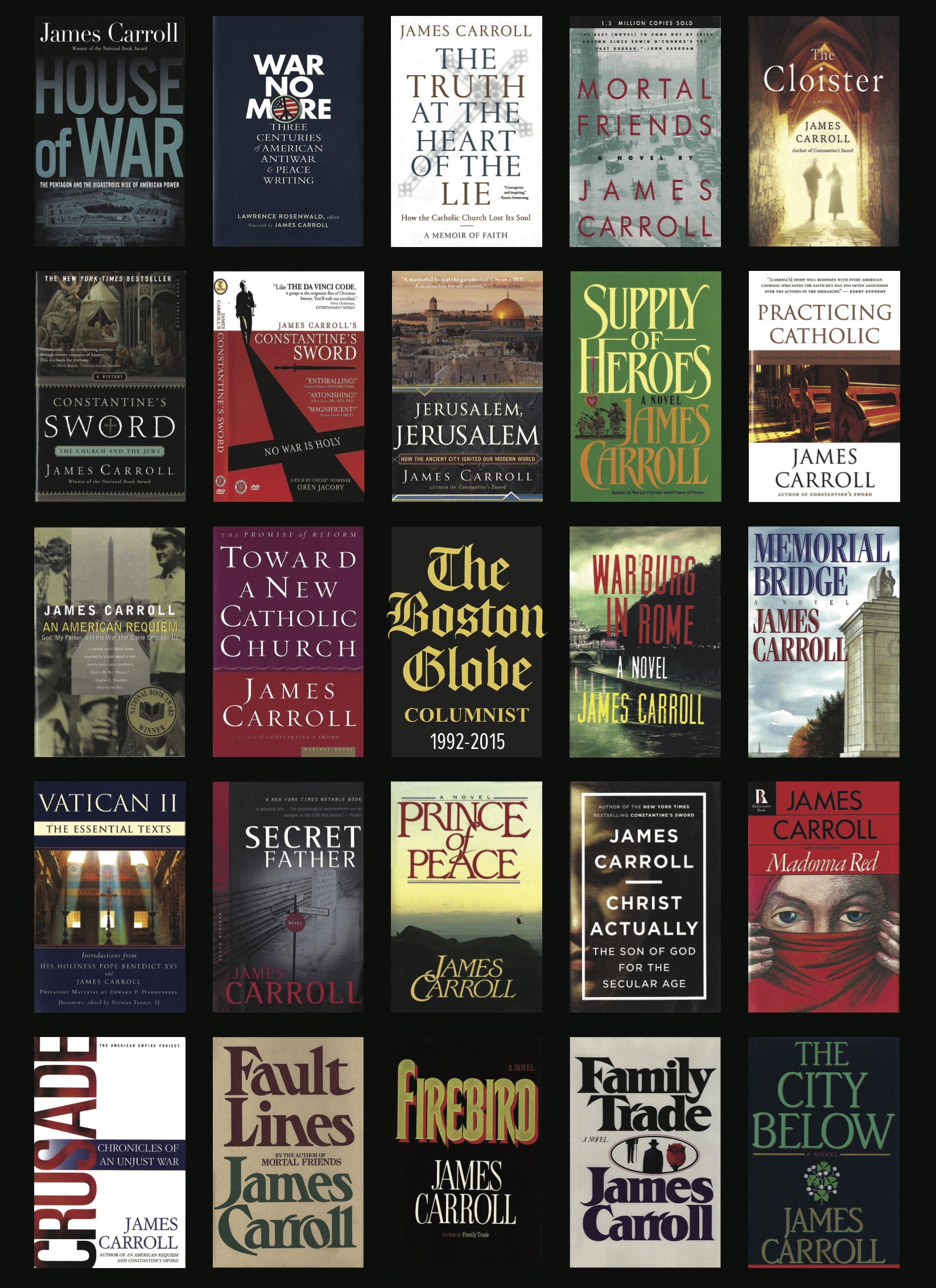An image with a collection of jackets of books by James Carroll